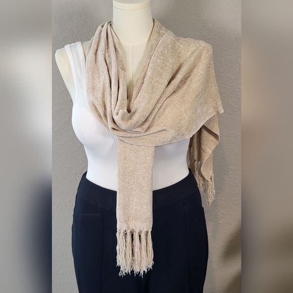 Tan Woven Fringe Scarf Wrap - 73 x 11 - Picture 5 of 7